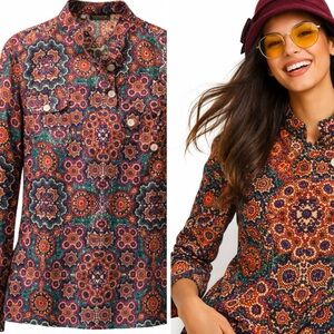 NWT Organic Cotton Boho Retro Floral Print Mandarin Collar Button Up Blouse Top